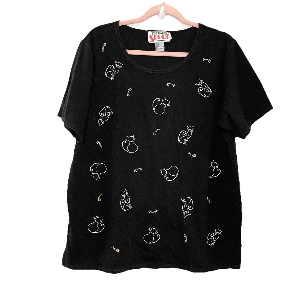 Vintage Richard Sport Cat Lady Embroidered T-Shirt Bling Rhinestone Black Fish